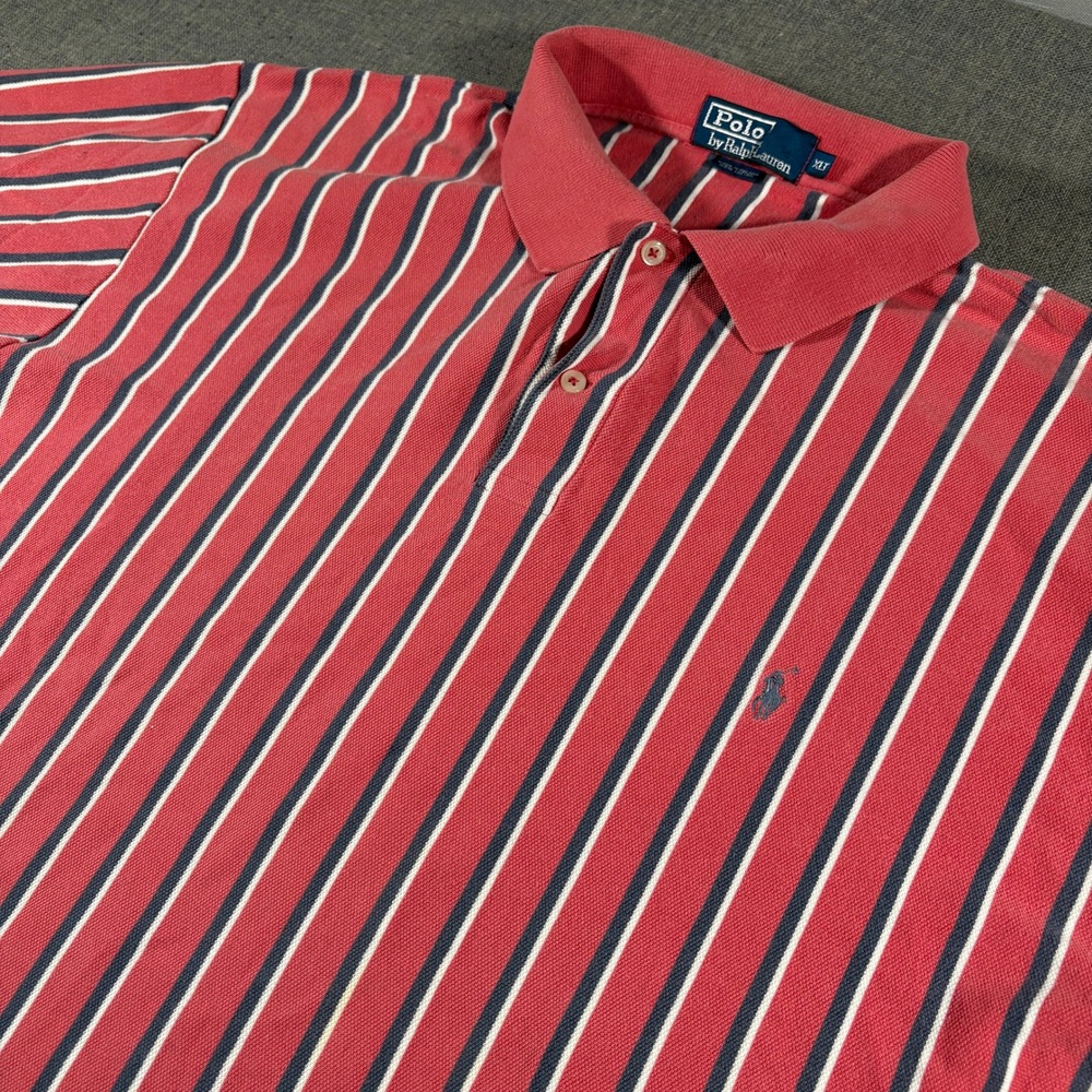 Vintage Polo Ralph Lauren Polo Shirt Mens XLT Red Vertical Stripe Cotton Pique